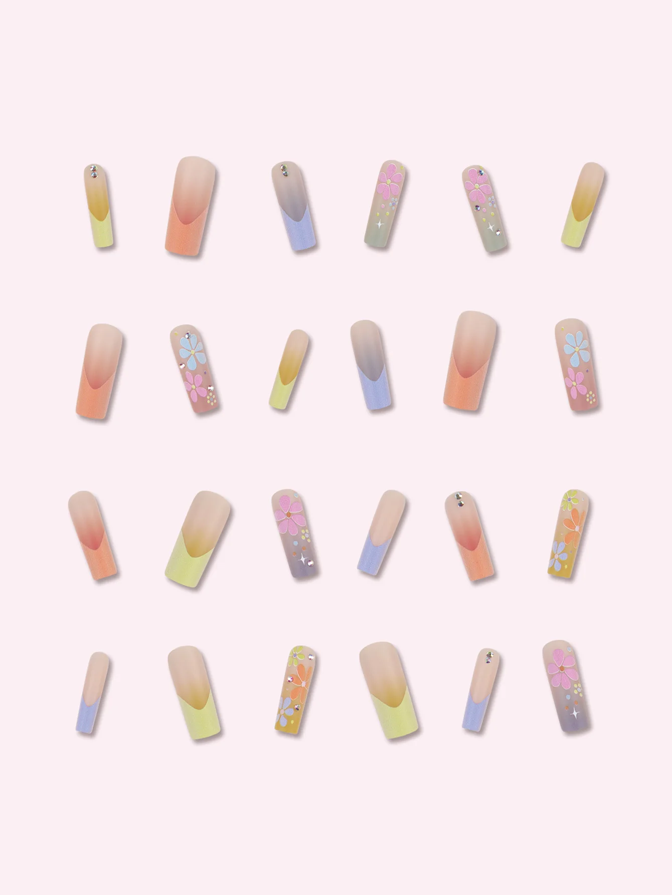24-Piece Coffin-Shaped ABS Fake Nails Multicolored French Multicolored Flowers Cute Sweet Sparkling Diamonds Dot Pressed Finger