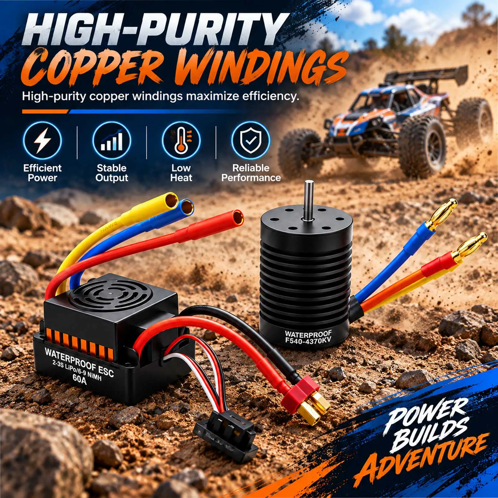Waterproof Aluminum F540 4370KV 4 Poles 12 Slots High-Torque Motor With 60A Brushless ESC Combo Kit For 1/10 1/12 Scale RC Car