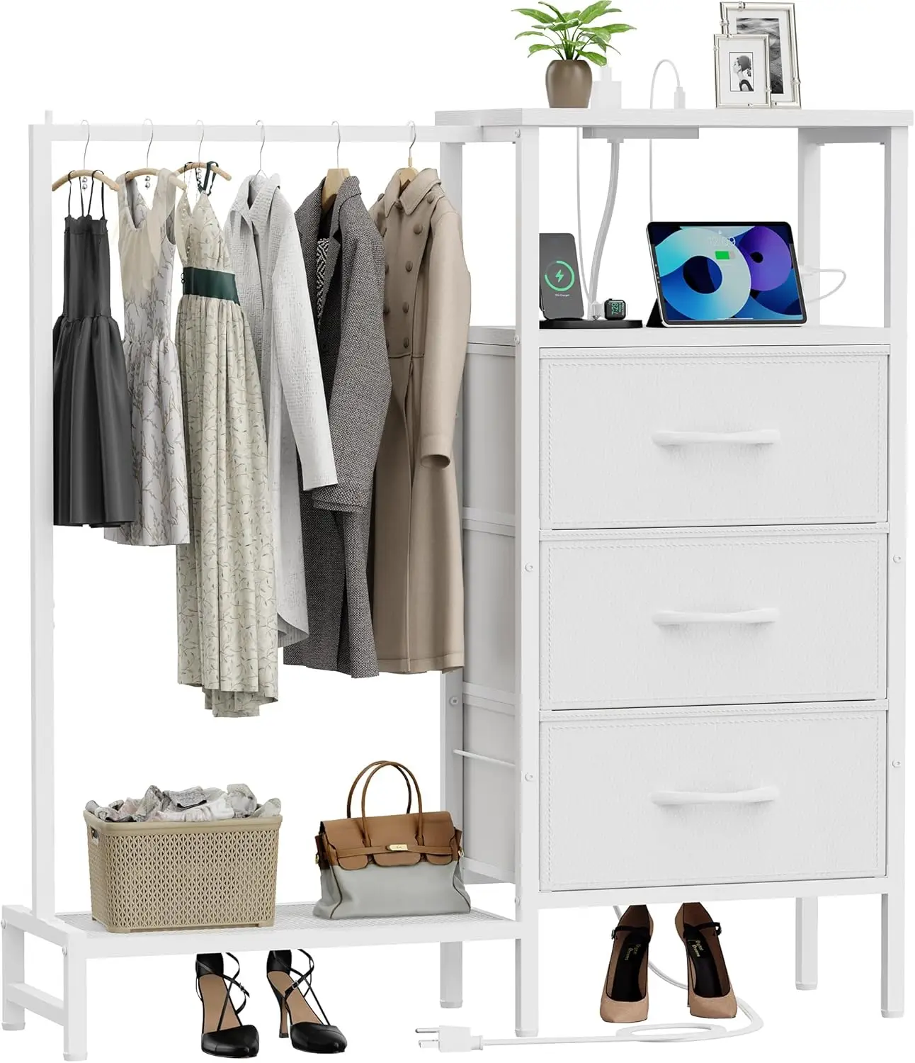 

Dresser for Bedroom with Hanging Rack, 3 Drawers Closet with Charging Station, Fabric Chest of Drawers with Clothes Rack, Sto