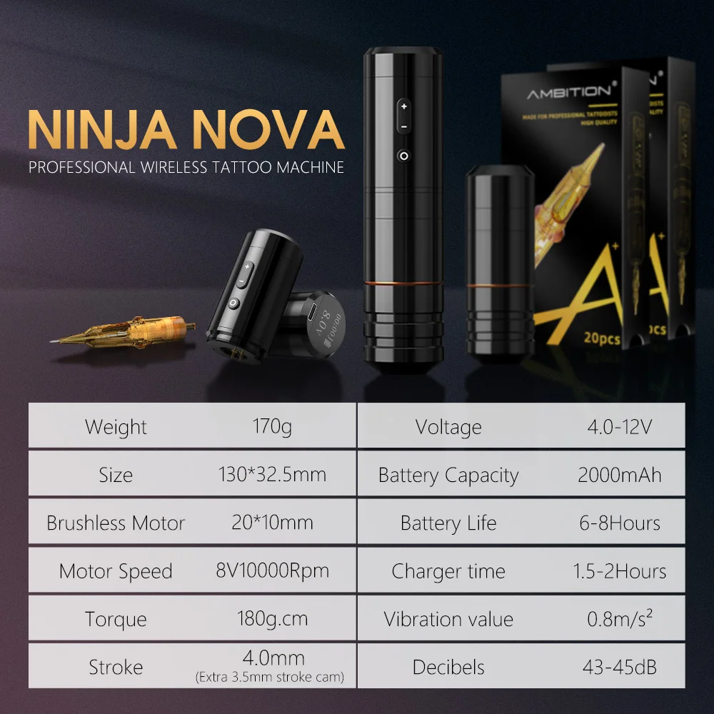 Ambition Ninja Nova Kit 2024 Latest 4.0/3.5mm Stroke Wireless Tattoo Pen Machine Suit Brushless Motor for Tattoo Artist Body