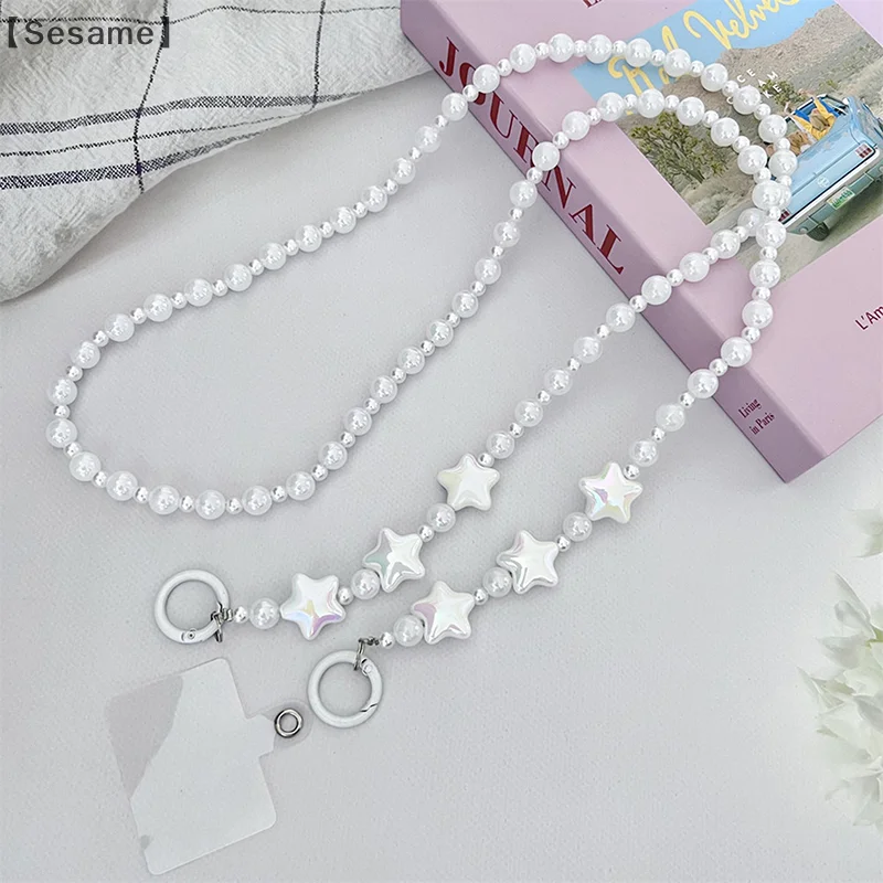 Long Crossbody Pear Bead Star Phone Chain Pendant For Huawei Xiaomi Smart Phone Rope Strap Bag Decoration