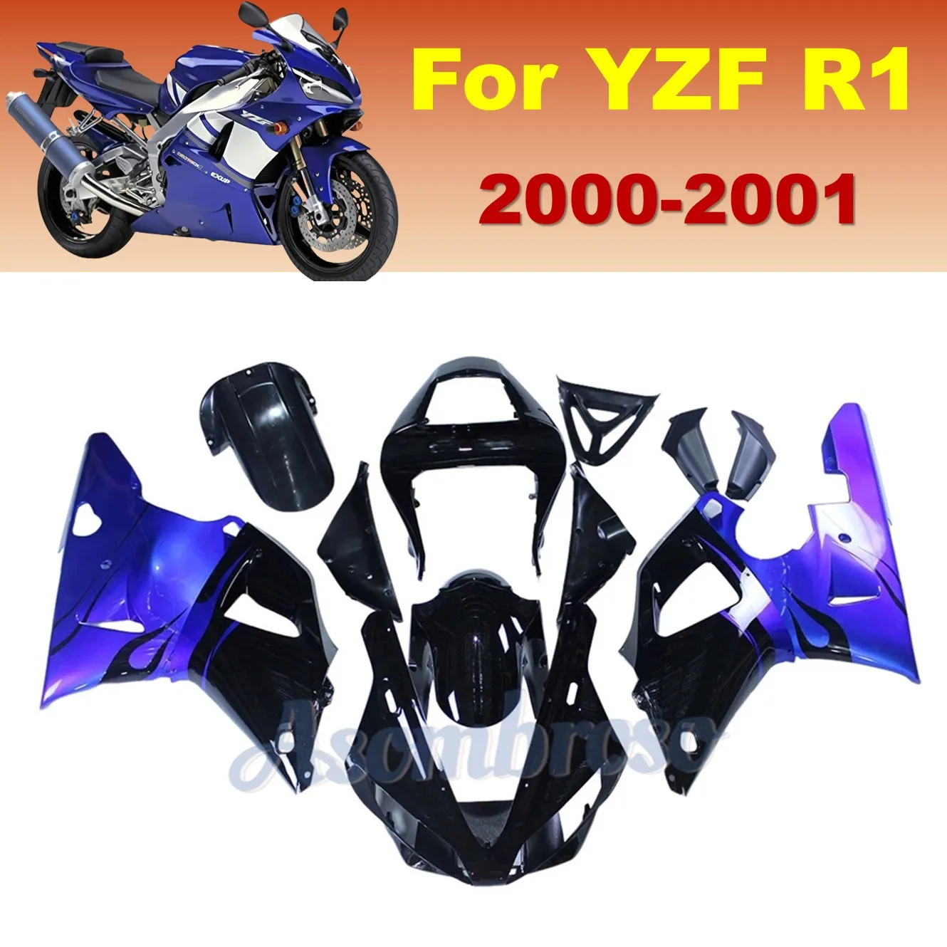 

Сменные обтекатели для литья под давлением ABS для Yamaha YZF-R1 2000 2001 YZF R1, пластиковый комплект | Синий с черным