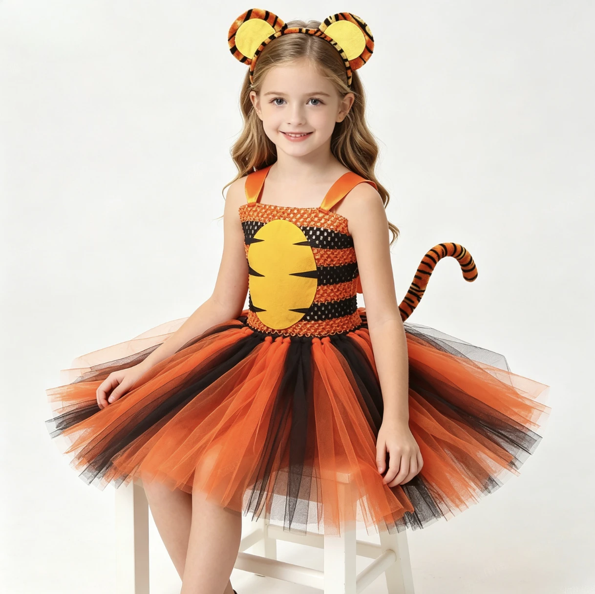 Children Tiger Animal Themed Cartoon Cute Dress Girls Stage Performance Role Play Holiday Fancy Carnival Party Dress Up Outfit