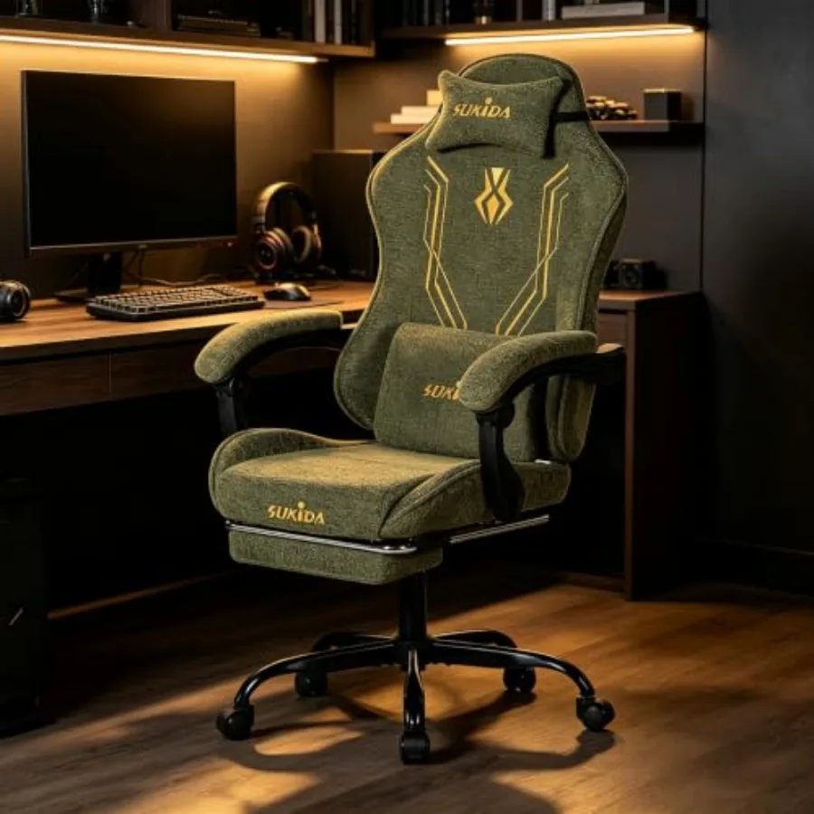 Video Game Chairs - Fabric Computer Gaming Chair for Adults with Massage Lumbar Support and Footrest Ergonomic High Back Reclin