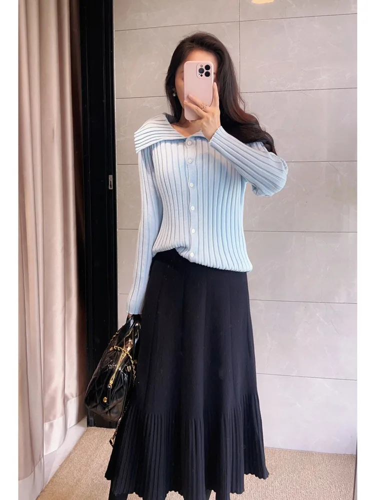 

Мягкий шерстяной трикотажный свитер для младенцев, голубой в полоску, с высокой эластичностью, комфортный, облегающий, во французском стиле, с длинными рукавами