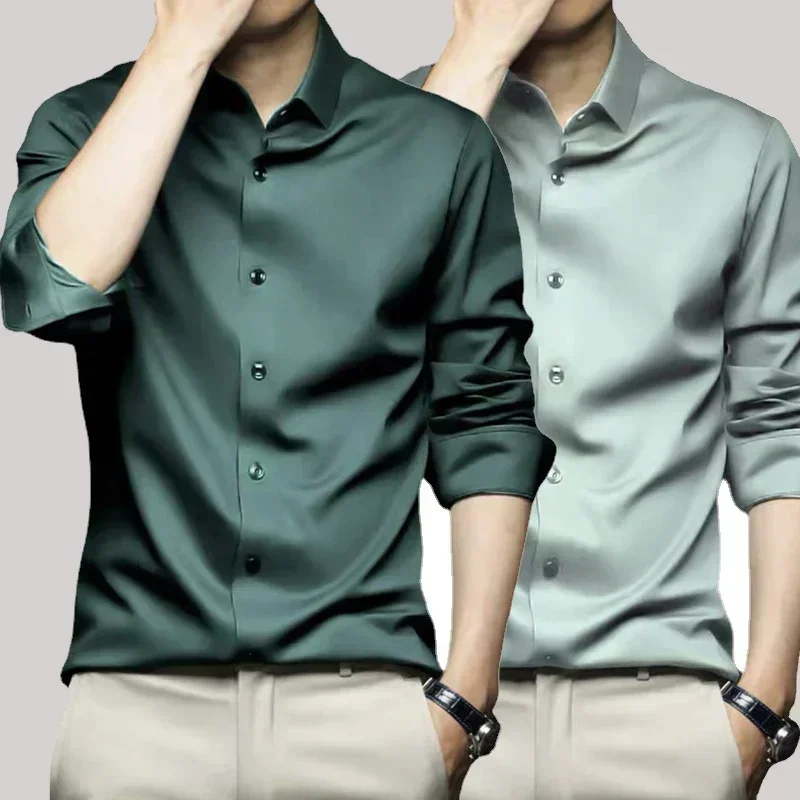 Men\'s green shirt quality long sleeved solid color business professional elastic wrinkle resistant silk smooth formal shirt