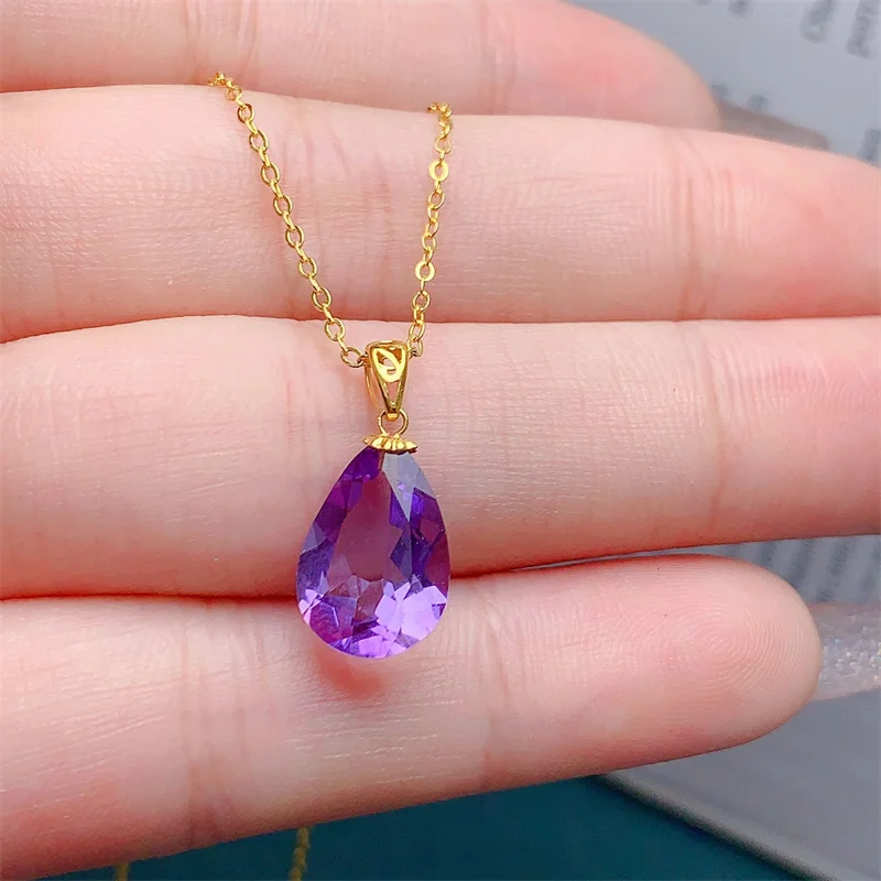 

18k Yellow Gold Necklace Pendant for Women Pear Shape Amethyst Genuine Gemstone with Certificate Fine Jewelry