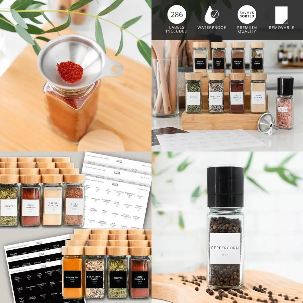 

Набор из 24 бамбуковых баночек для специй объемом 4 унции, 374 этикетки, мельница для перца, пустые контейнеры и крышки-шейкеры