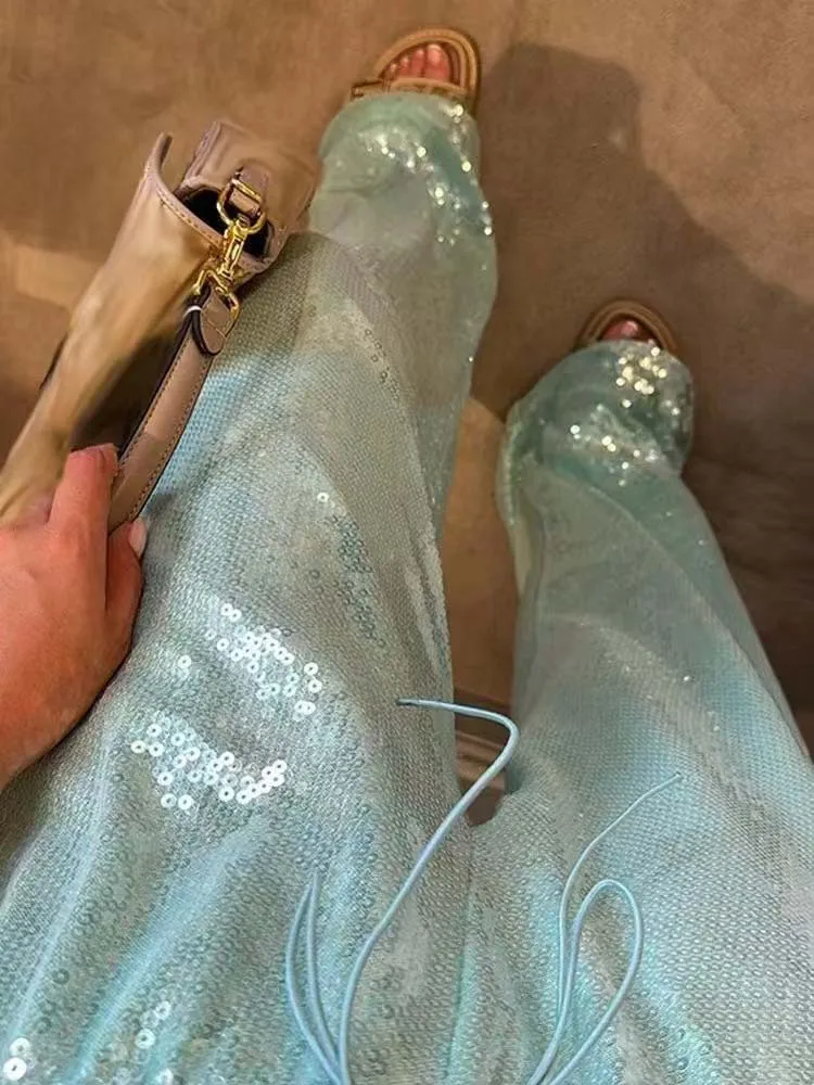 Street Sequin Lace Up Pants Women Elastic Low Waist Wide Leg Trousers Female 2026 Spring Summer Lady Shiny Party Club Clothes