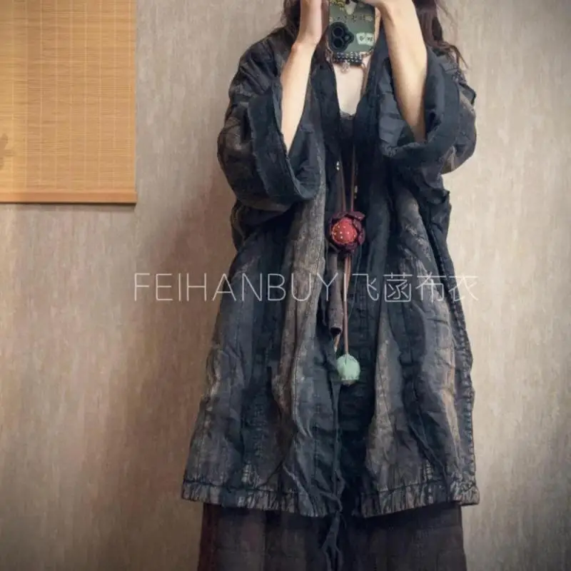 

New Arrival Autumn Winter Arts Style Women V-neck Loose Long Coats High Quality Thicken Warm Cotton Linen Vintage Jackets F202