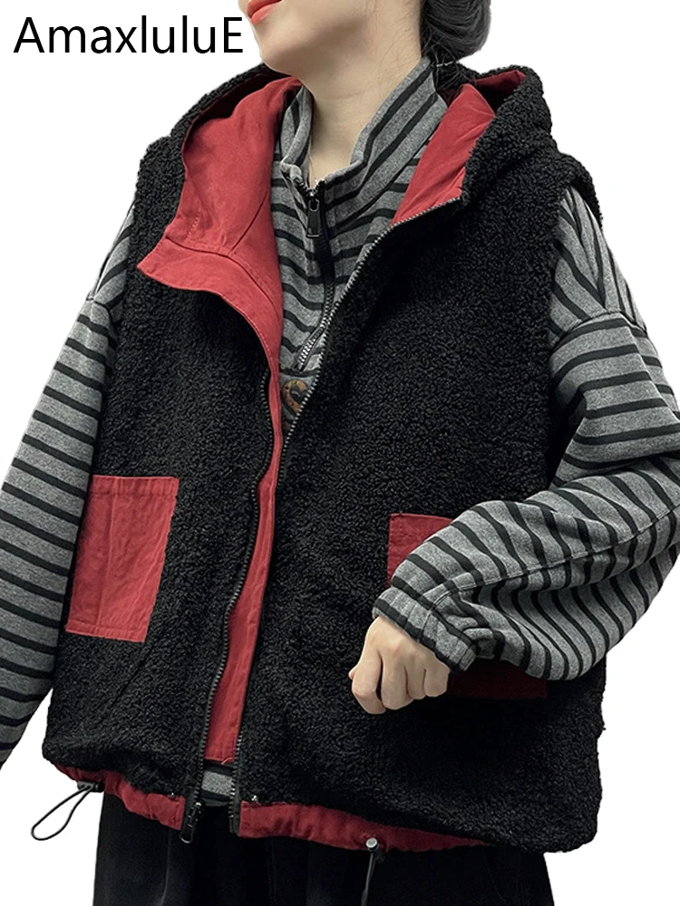 

Amax LuluE зимняя мода двусторонний дизайн женский меховой жилет с капюшоном свободные теплые утепленные пальто без рукавов повседневные винтажные жилеты