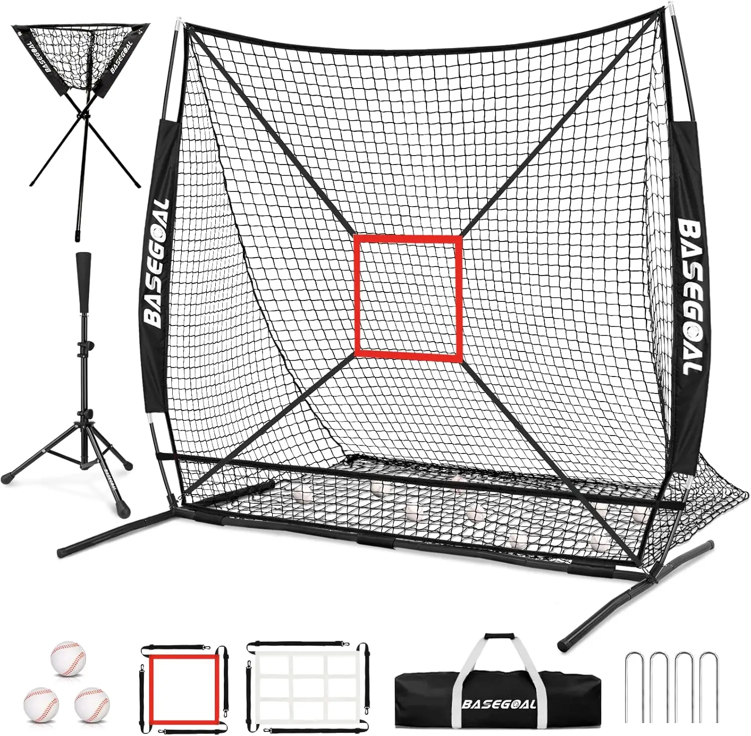 

6'x6' Baseball Softball Practice Net with Batting Tee, Ball Caddy, Bow Frame, Strike Zone Target - Portable Foldable Backstop