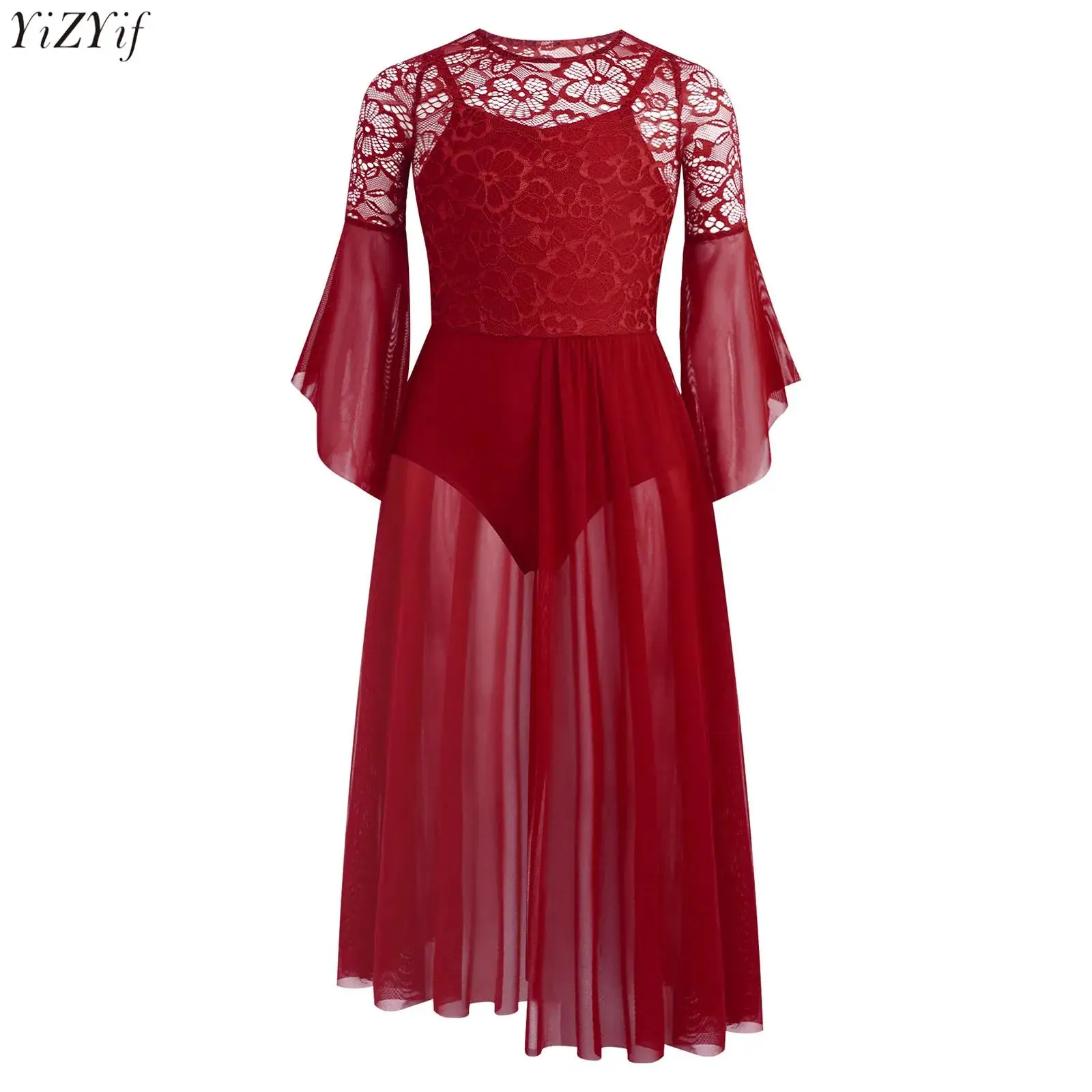 

Kids Girls Floral Lace Patchwork Lyrical Dance Dress Flared Sleeves Built-in Briefs Side Split Dress Ballet Dress Dancewear