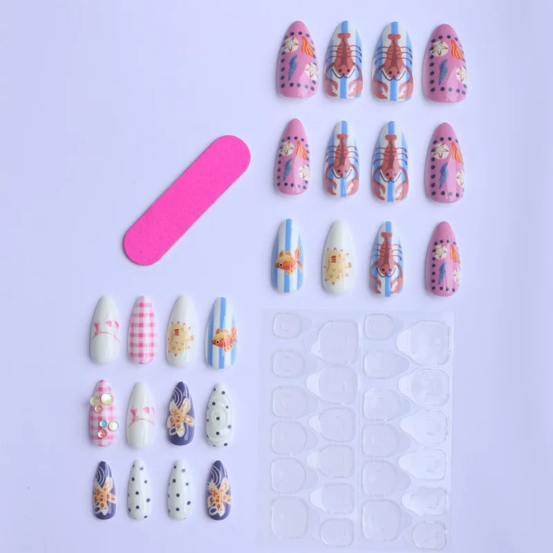 24 pçs amêndoa praia tema imprensa em unhas lagosta puffer peixe estrela do mar design unhas falsas europeu americano doce picante arte do prego