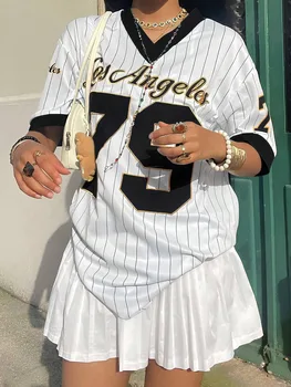 T-shirt da donna a maniche corte con scollo a V con stampa Los AngelesLetter T-shirt sportiva oversize con grafica estiva