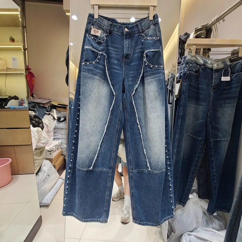 SuperAen European and American Style Women's Denim Embroidered Flares Pants Summer New Oversize High Waist Fashion Washed Pants