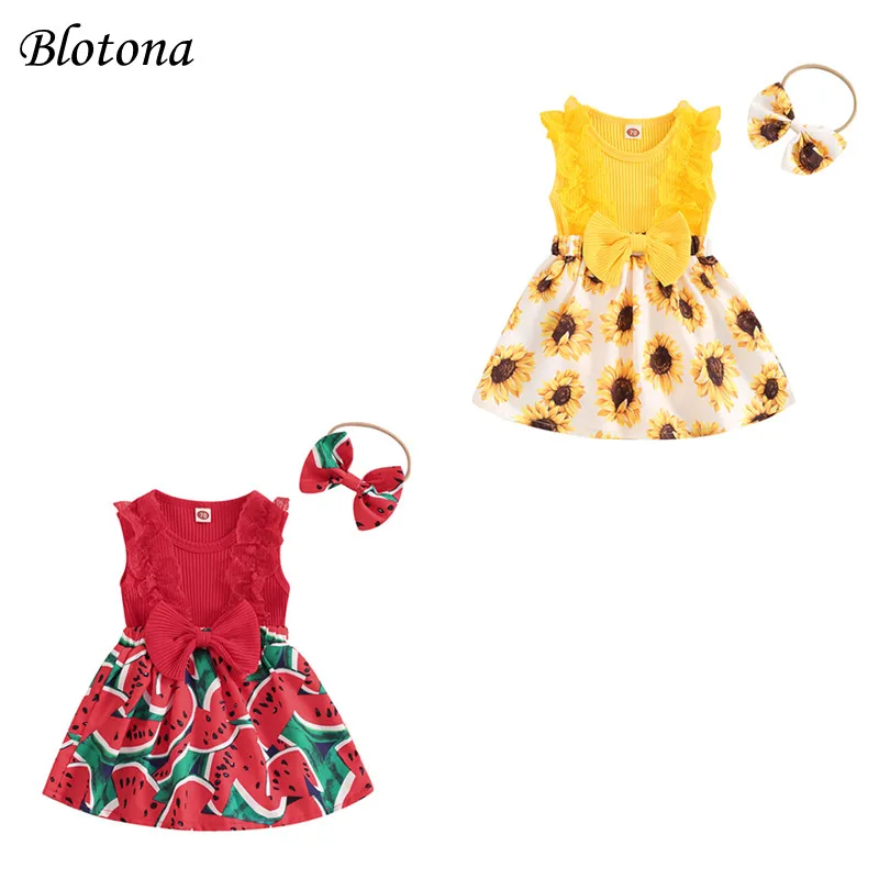 

Blotona Baby Girls Romper Dress Sunflower/Watermelon Print Bowknot Sleeveless Skirt Hem Bodysuits Summer Clothes with Headband