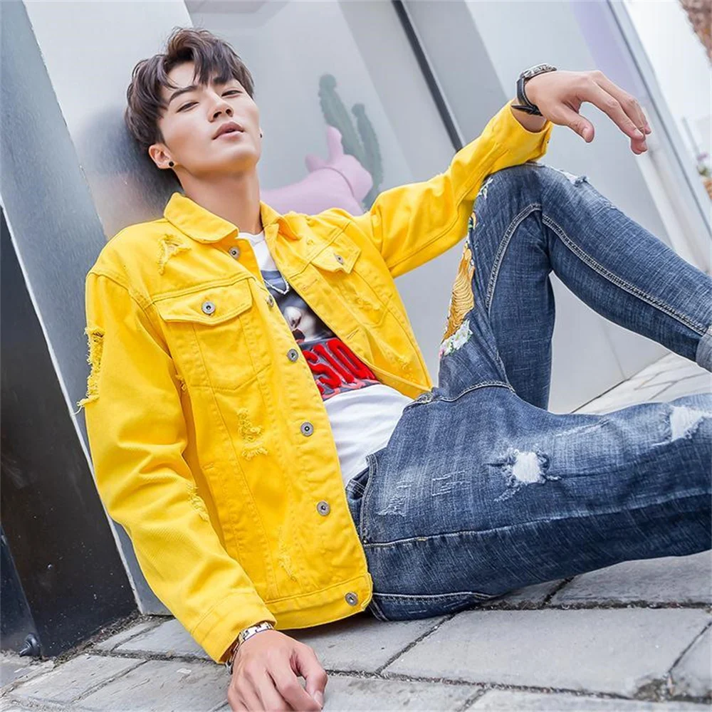 2022 Fashion Mens Denim Jackets Slim Fit Mens Jeans Jacket Cotton Outwear Coat Long Sleeve Hole Male Clothing pink yellow black