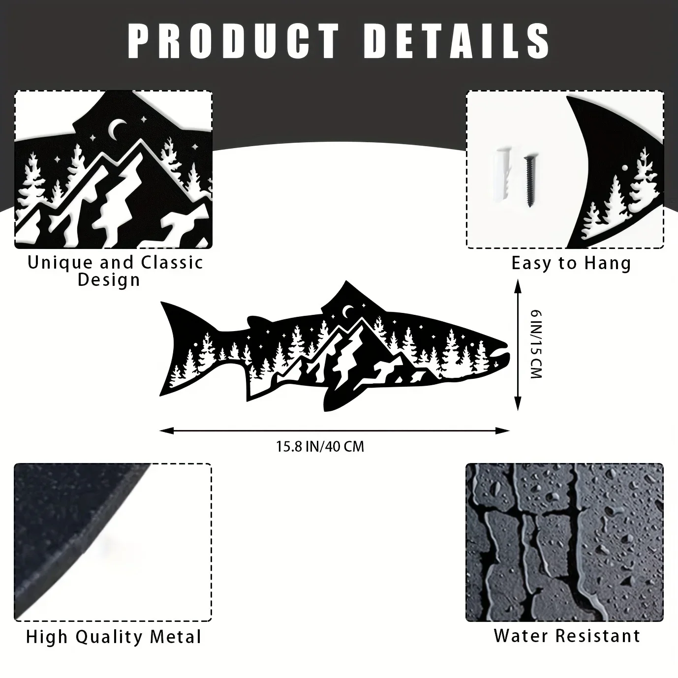 CIFbuy Unique Mountain Forest Metal Wall Art Fish Shape Wall Decor for Home Wall Decor Wall Art Decor Sticker Mural Room Decor