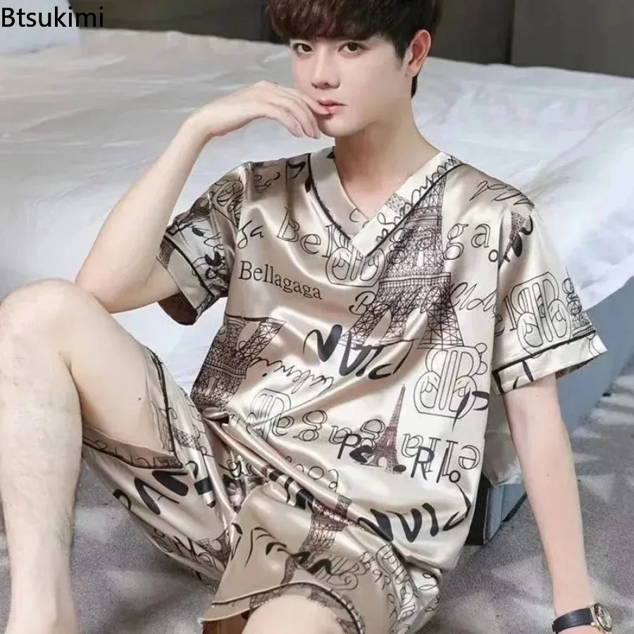 2024 Men\'s Print Sleepwear Pajama Sets Short-Sleeved Shirts and Shorts Sets Sleepwear Pyjama Male Homewear Lounge Wear Clothes