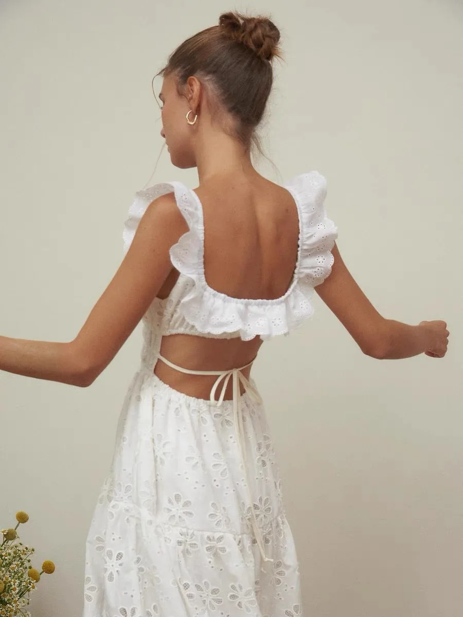 Embroidered Ruffled Edge White Dress with Hollow Slit, Backless Seaside Resort Fairy Square Neck Dress for Women