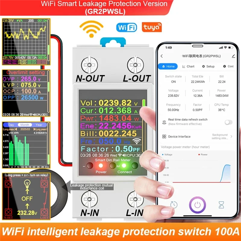 

B29C-100A Tuya Wi-Fi Smart Din-рейка счетчик энергии ток напряжение кривая защита от утечки с катушкой взаимной индуктивности
