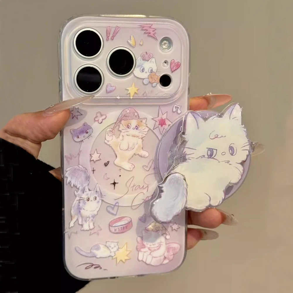 Engraçado bonito gatinho dos desenhos animados gato aperto magnético tok caso de telefone para iphone 15 14 16 17 pro max 13 capa de carga sem fio para magsafe