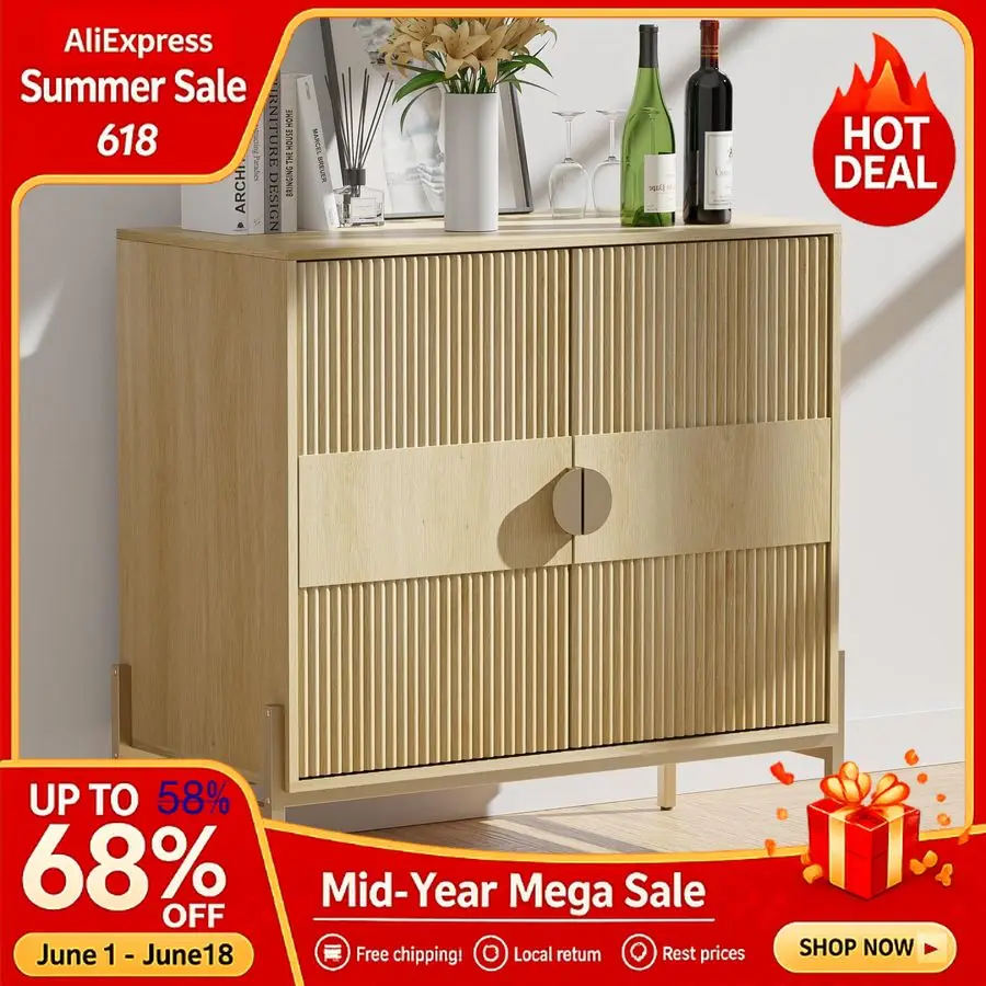 

30.7 Accent Cabinet,Modern Buffet Cabinet with Gold Metal Legs, Fluted Sideboard for Dining Room, Kitchen, Oak Nightstand,Custom