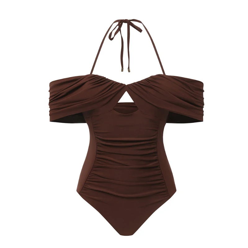 2023 New Brown Printing Simple And Fashionable Swimwear One-Piece Swimsuit Sling-Style Slim Gather Bikini High Waist Beachwear