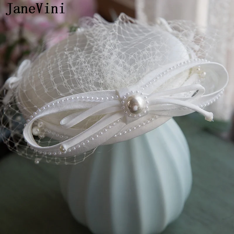 Janevini Witte Boog Parel Bruiloft Hoed Met Sluier Vrouwen Elegant Bridal Hoeden Bruid Haaraccessoires Bruiloft Bruid Haaraccessoires