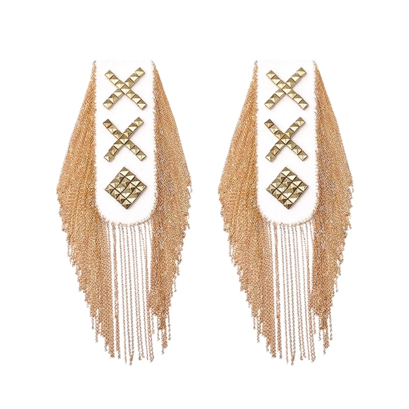 Punk Rivet Studded Shoulder Epaulettes Gold Chain Tassels Brooch Pin Epaulets Shoulder Badge for Suit and Jackets