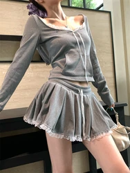 Autumn Grey Sport Knit 2 Piece Set Women Hooded Crop Tops + Lace Elastic Waist Pleated Mini Skirt 2024 Casual Vacation Outfits