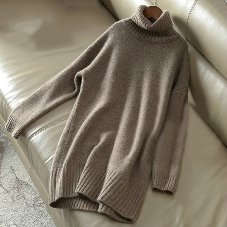

Turtleneck 100% pure cashmere sweater women's thick lazy long loose large size bottoming sweater