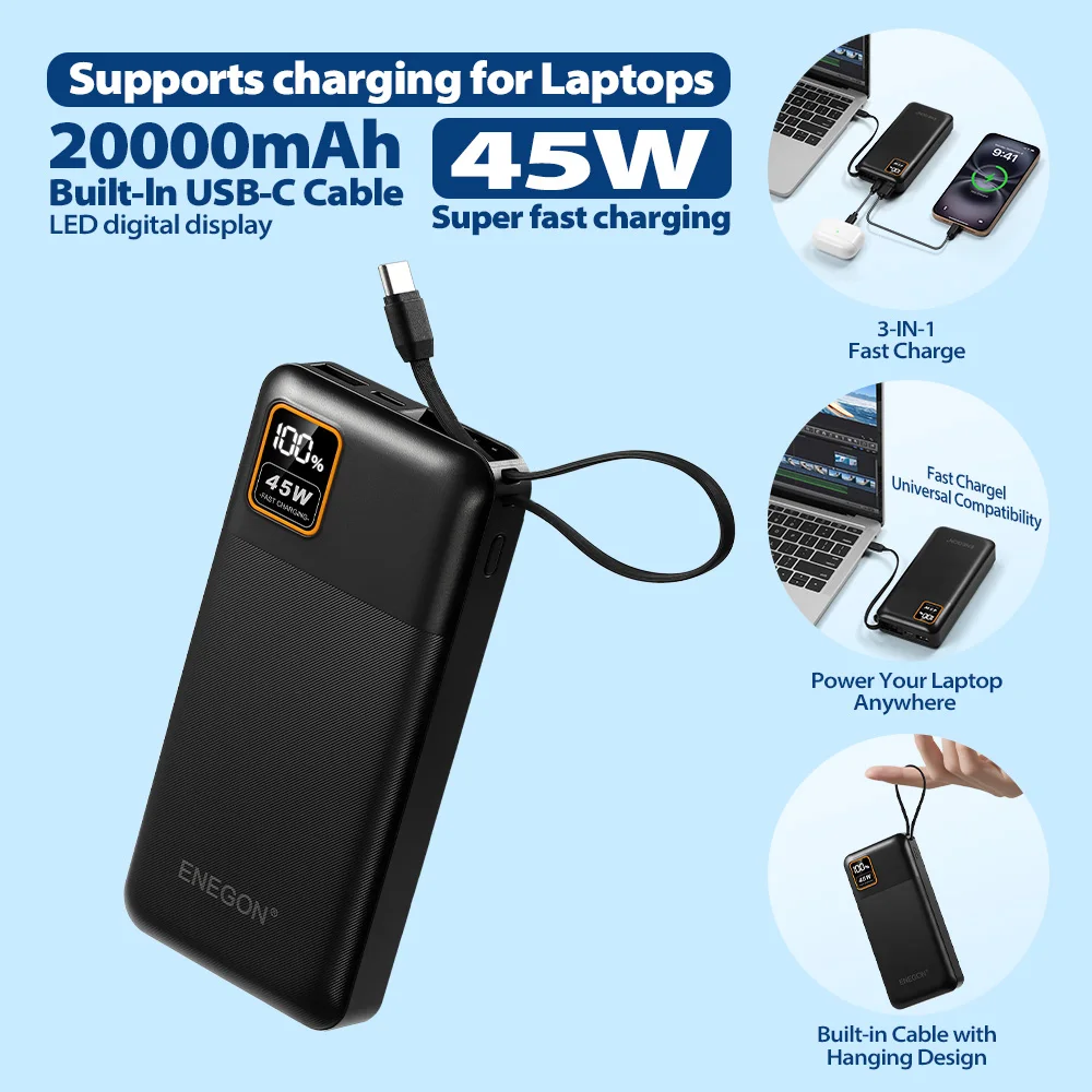 45W 20000mAh Powerbank mit integriertem USB-C-Kabel, schnelles Laden, tragbares Ladegerät für Laptop, iPhone 17/16/15, Samsung, kompakter Reise-Akku