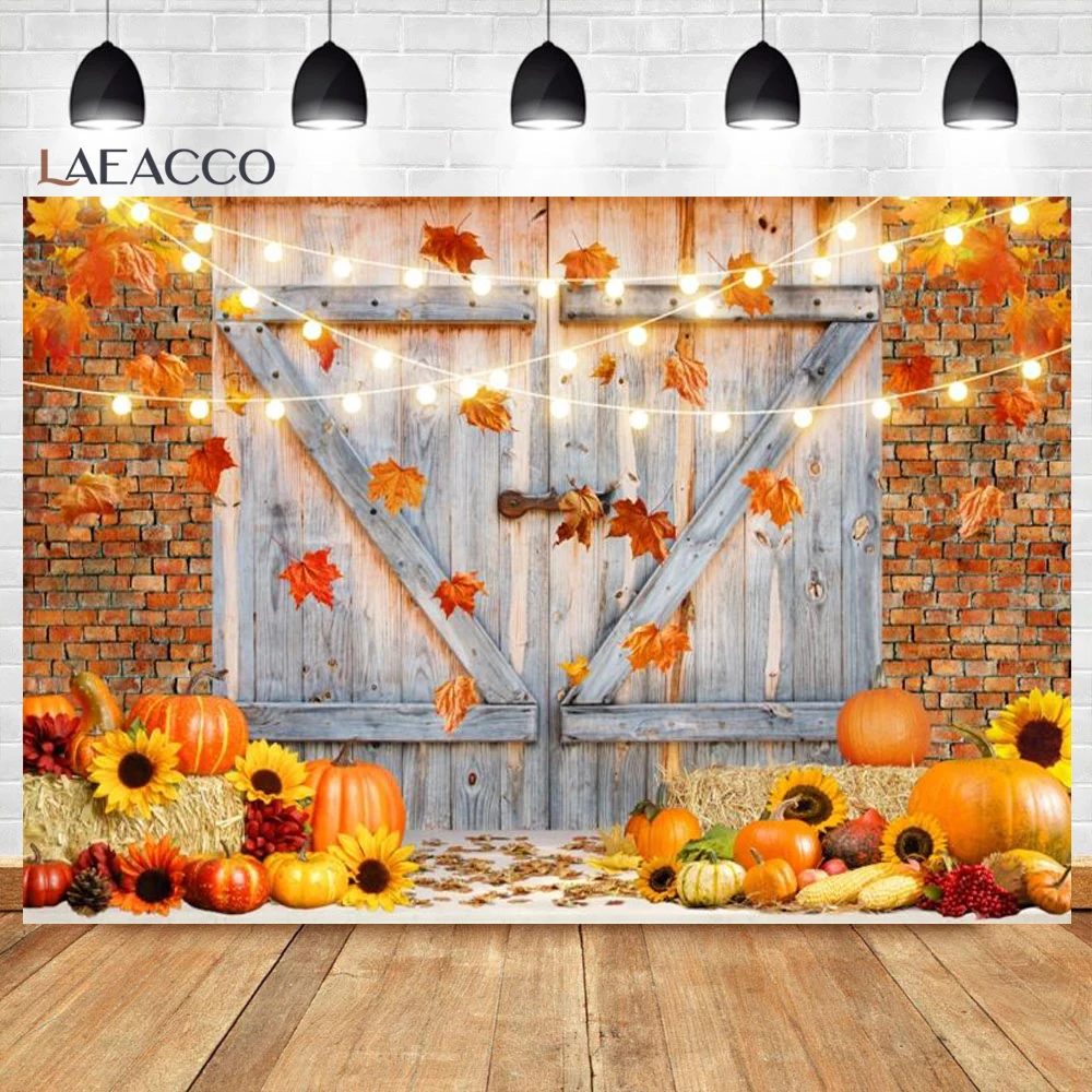 Laeacco осень осень Хэллоуин фон ферма сарай тыква урожай сено лес кленовые листья коричневая деревянная доска фон для фотосъемки