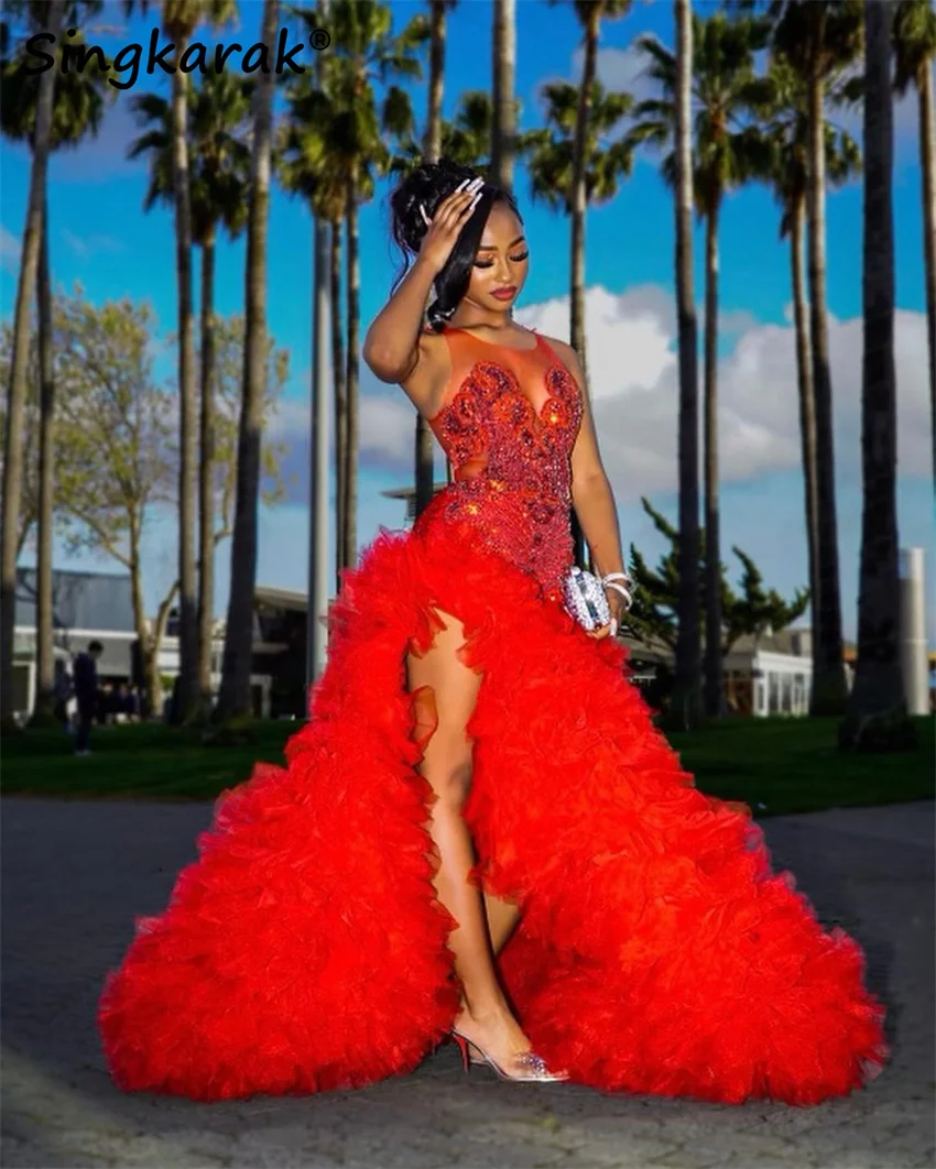 

New Design 2025 Luxury Red Mermaid Porm Dress Side Split Ruffles Tiered Glitter Beads Crystals Vestido De Novia Customized