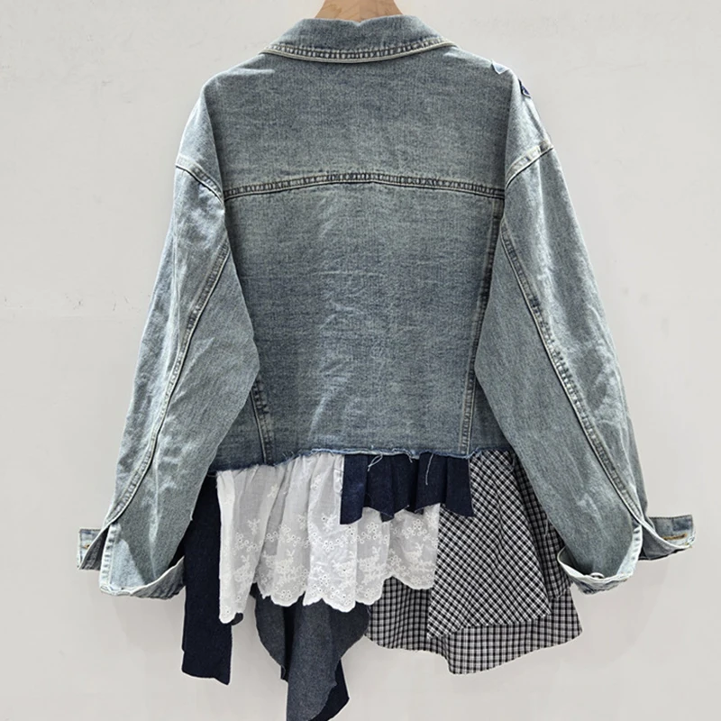 DEAT 2025 خريف جديد الموضة المتخصصة المرقعة المرأة الدنيم سترة فضفاضة واحدة الصدر التباين اللون معطف Female11A05239