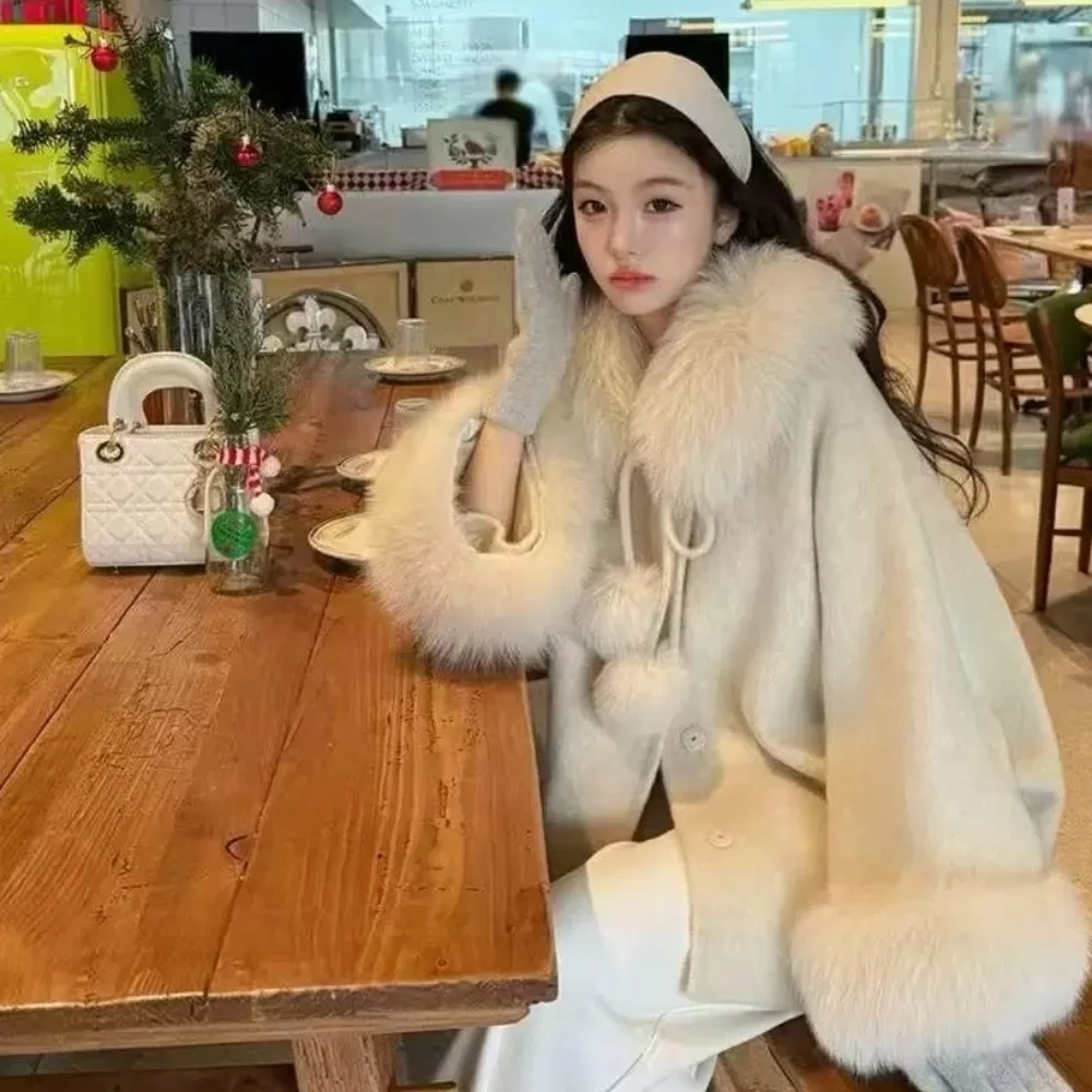 Woolen Coat Woman with Noble Fur Trim Warm Soft Double Faced Winter Outerwear Elegant Casual Wool Coat for Daily Wear Travel