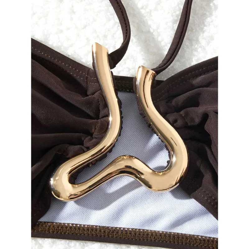 Summer Solid Color 3Piece Bikini Set Stylish Women's Strappy Bandeau Swimsuit Metallic-Button Cover-Up Maxi Skirt Beach Swimsuit