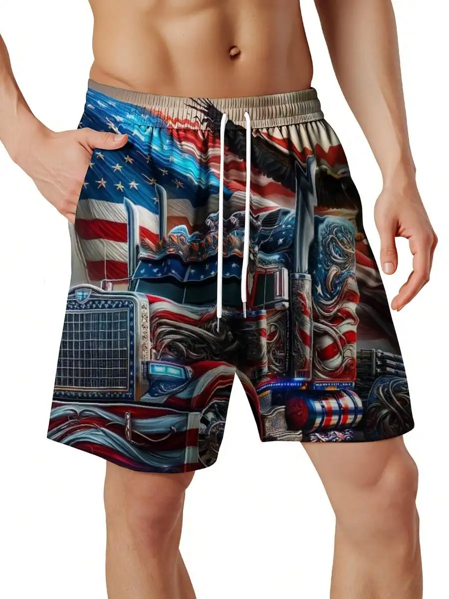 American Flag Eagle Truck Print Mens Swim Trunks Beach Shorts Summer Casual Wear