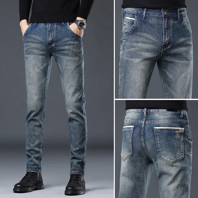 

Pop Autumn Slim Jeans Men Korean Stretch Male Casual Vintage Trousers Fashionable Comfortable Cotton Moto Streetwear Denim Pants