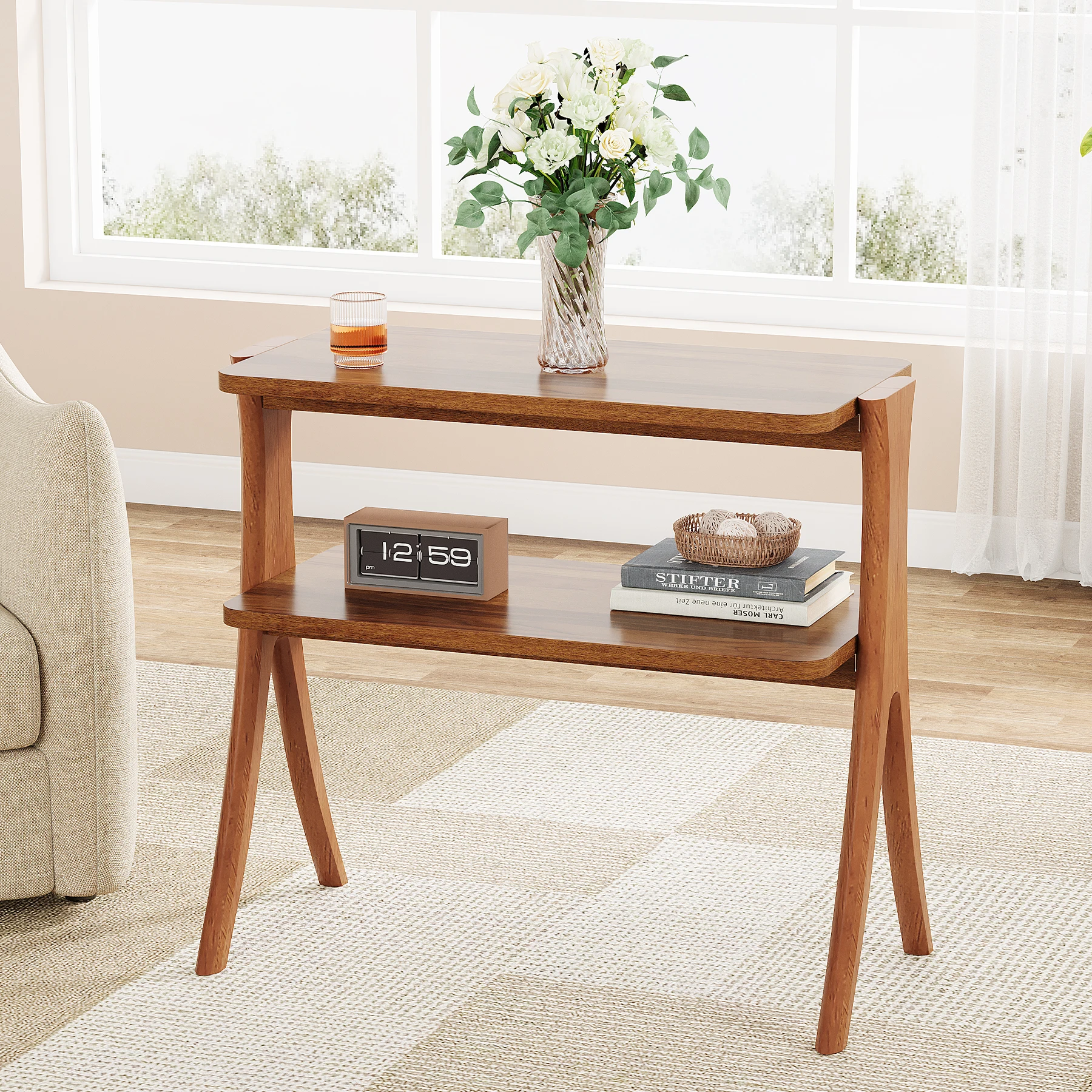 Tribesigns Walnut Side Table for Living Room, Narrow End Table with 2-Tier Storage Shelf and Solid Wood Legs, Slim Bedside Table image 4