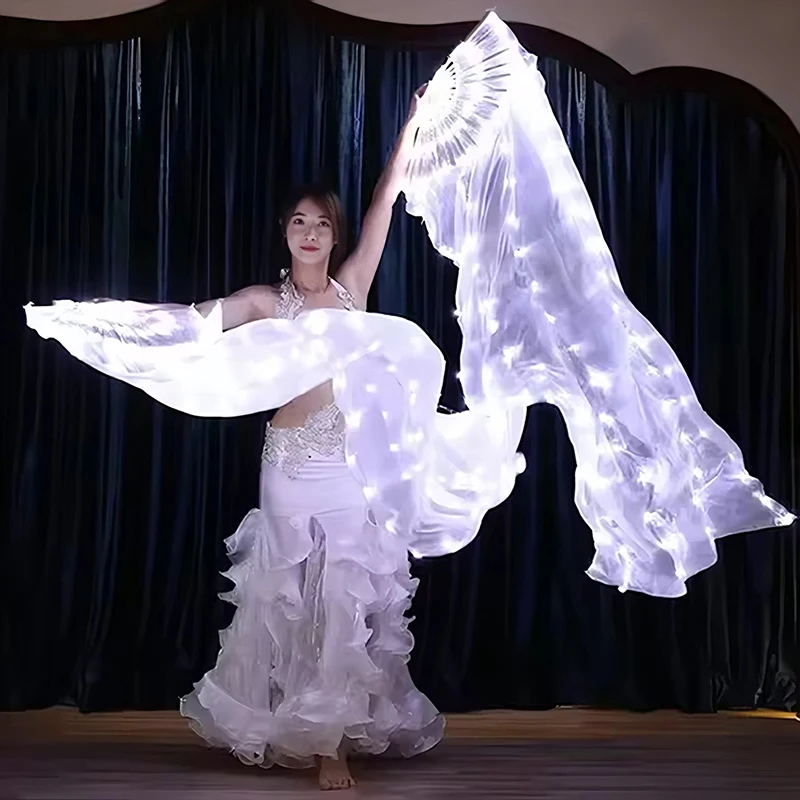LED Belly Dance Fan Light Up Luminous Long Silk Fans Bamboo Folding Fan Women Stage Dance Supplies Bride Wedding Party Fan Props