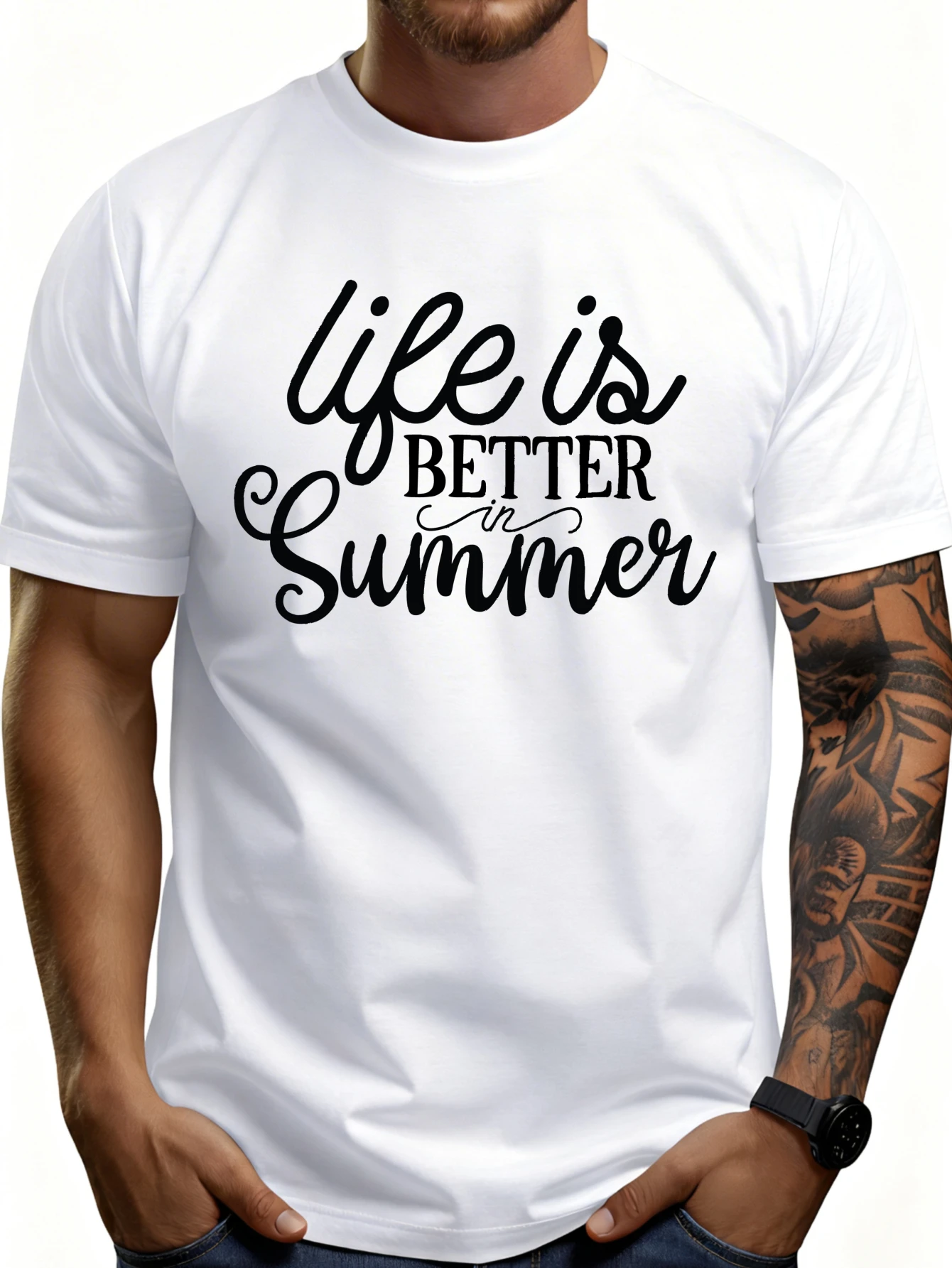 Men's Plain Graphic T-Shirt - Breathable, Soft, Lightweight - Life Is Better in Summer - Vintage Fun Graphic Casual Short Sleeve Summer Top, Gift for Him
