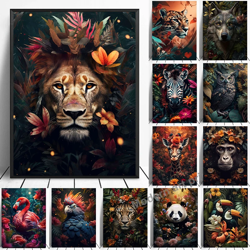 Lion Flamingo Panda Monkey in Flower Jungle Art Posters Wild Animal Art Canvas Painting Print Wall Art Picture Home Decor Mur