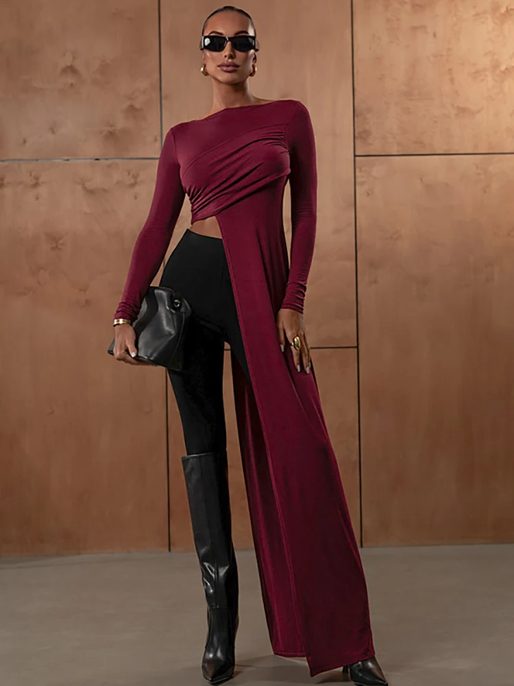 

JULISSA MO Autumn New Round Neck Ribbons Women T-shirt Coffee Long Sleeve Solid Short T-shirt Lady Slim Elegant Party Streetwear