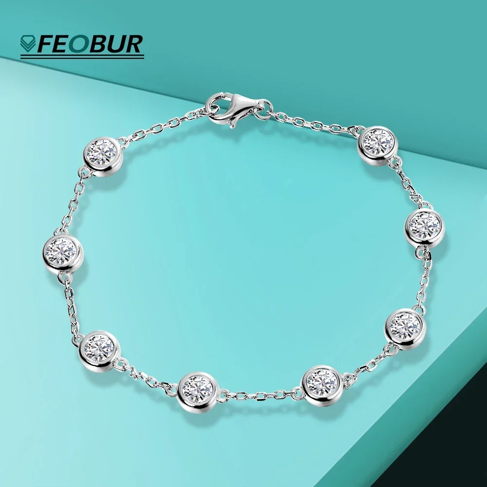 Certified 4mm Bezel Moissanite Bracelet 925 Sterling Silver Plated 18k Gold Round Bubble Diamond Bracelets for Women Jewelry