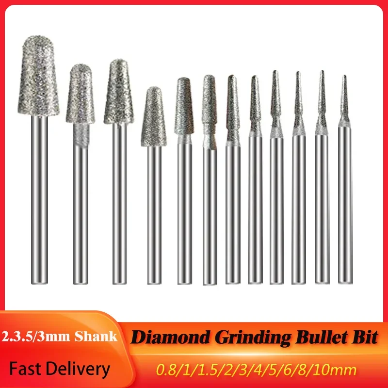 

5Pcs Diamond Grinding Bullet Bit Accessory 2.35/3mm Shank 0.8-10mm Polishing Bits For Jade Deburring Metal Dremel Rotary Tools