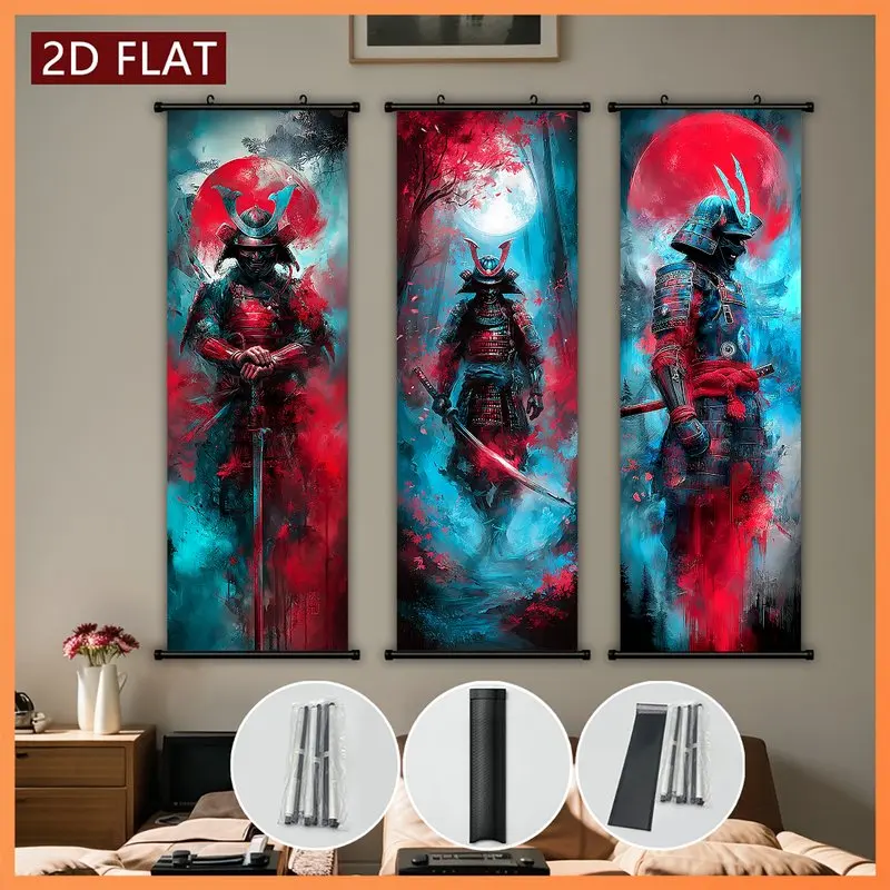 VIKAMA Japanese Samurai Warrior Red Moon 3 Piece Wall Scroll Tapestry Set Ink Splash Wall Art Decor for Living Room Bedroom