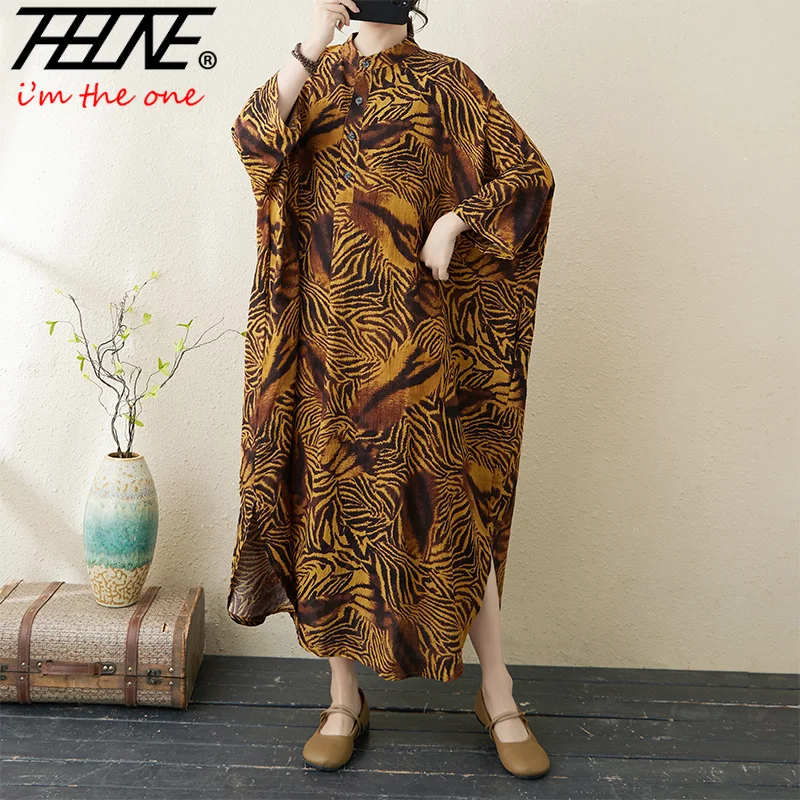 

THHONE Robe Spring Dresses for Women Print Beach Holiday Loose Stand Collar Vintage Irregular Dress Clothes Vestido Feminino